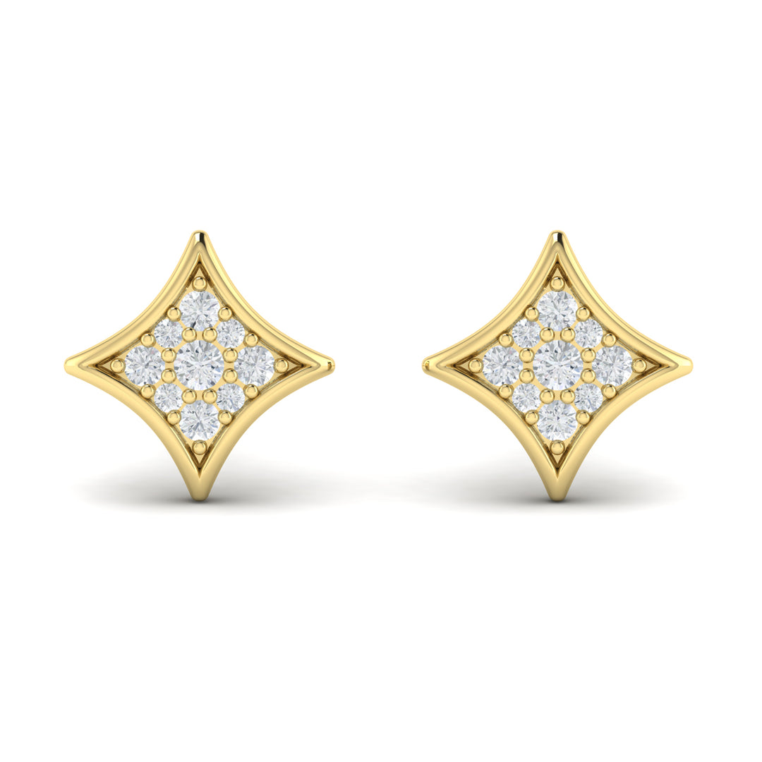 A front view of a yellow gold stud earrings is set against a white background. The earrings feature a star-shaped stud design with round-shaped accent diamonds.