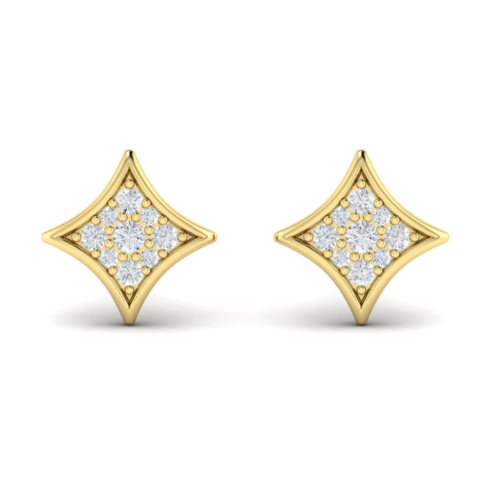 A front view of a yellow gold stud earrings is set against a white background. The earrings feature a star-shaped stud design with round-shaped accent diamonds.