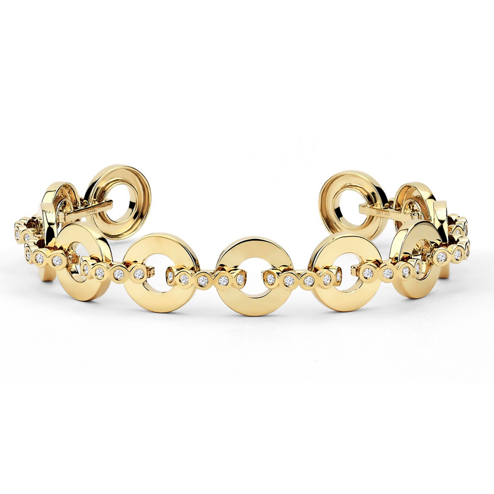 A front view of a yellow gold bracelet cuff on a white background. The bracelet cuff features bezel-set stones that form arches connecting rings.
