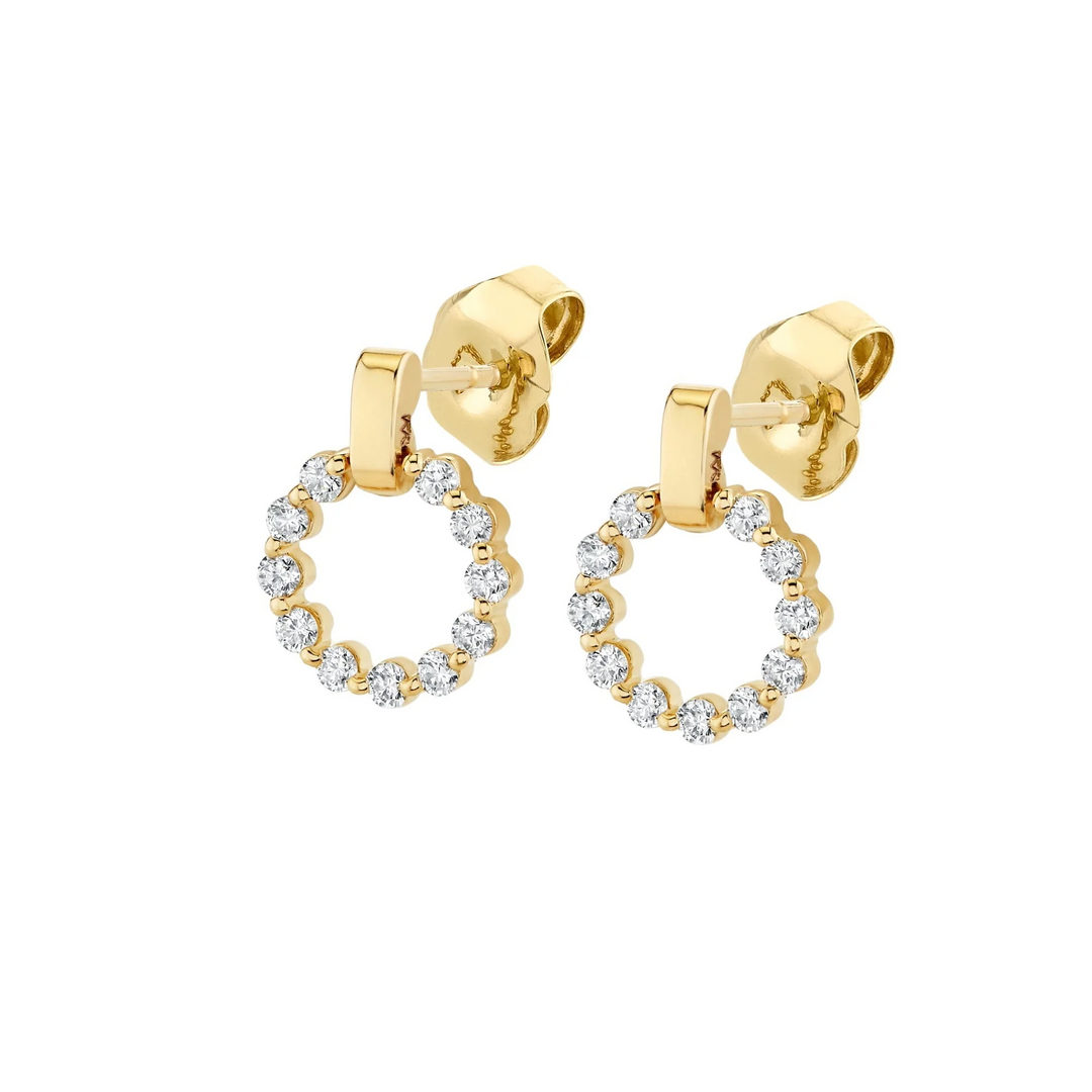 Angled view of the MICHAEL M Cloud earrings showing shared-prong diamond circles and polished yellow gold bars