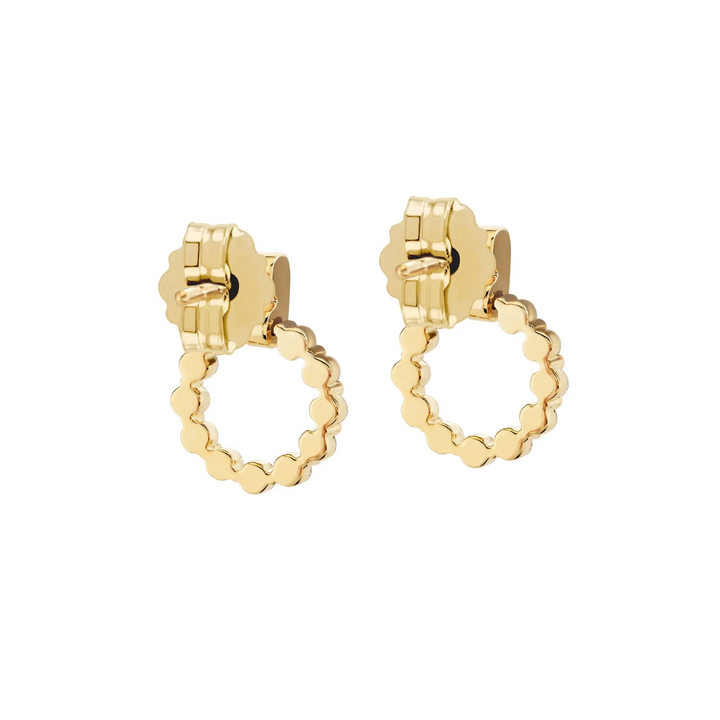 Back view of the Cloud Single Drop Earrings showing scalloped gold settings and butterfly backs