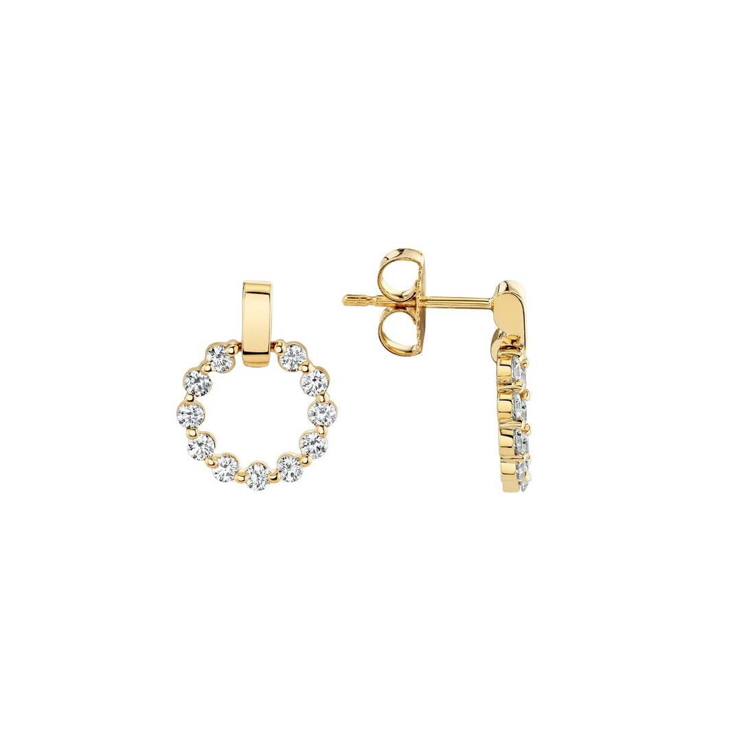 Front and side views of the Cloud diamond circle earrings showing their gold settings, posts and butterfly backs