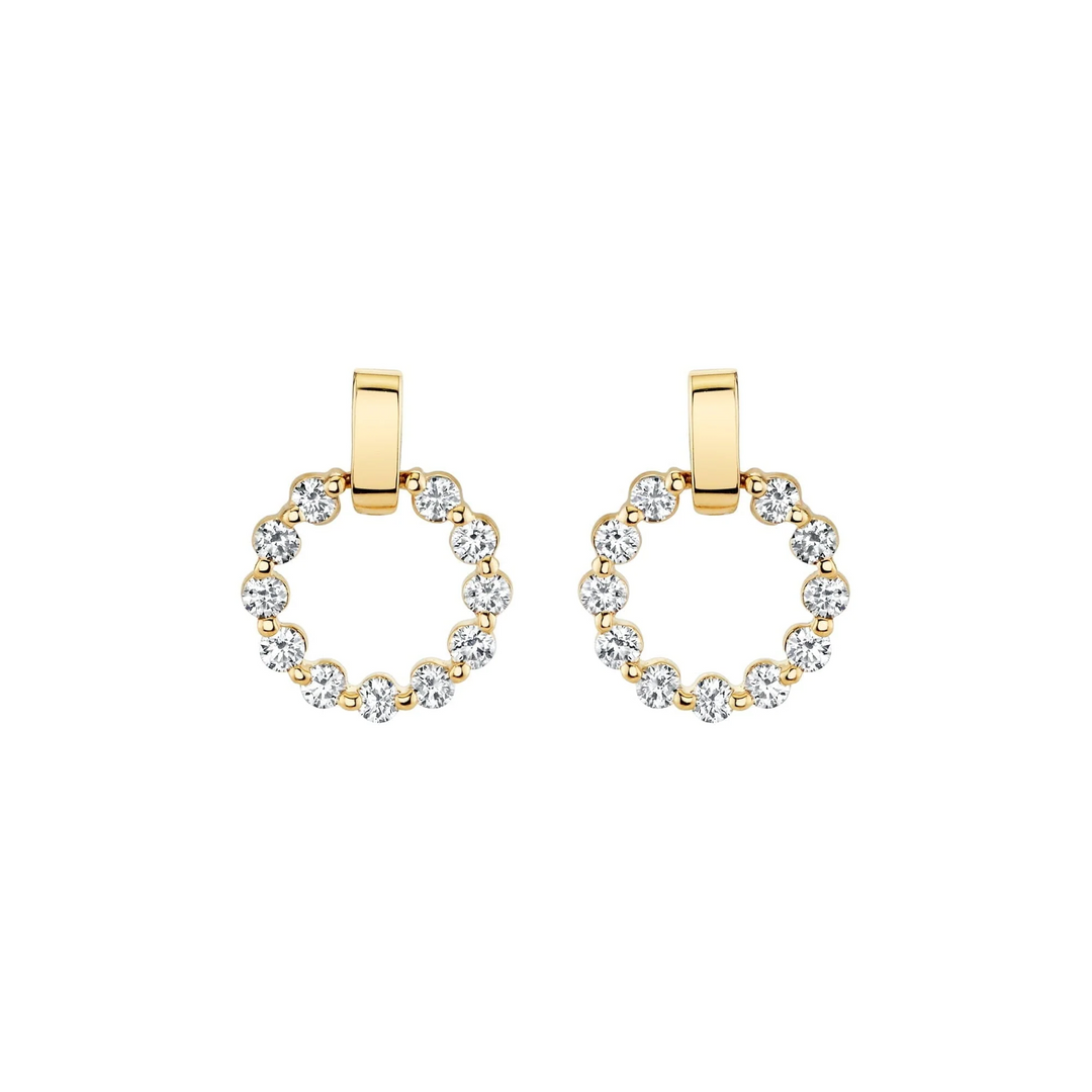 MICHAEL M Cloud 14K yellow gold drop earrings with open circles of round diamonds suspended from polished gold bars