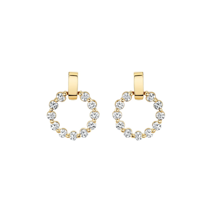 MICHAEL M Cloud 14K yellow gold drop earrings with open circles of round diamonds suspended from polished gold bars