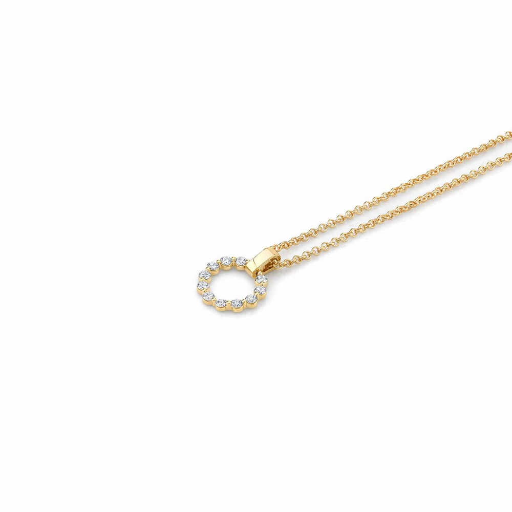 An angled view of a yellow necklace with a diamond-set ring pendant against a white background. The ring features a shared prong motif and is suspended from a smooth gold bar bail.