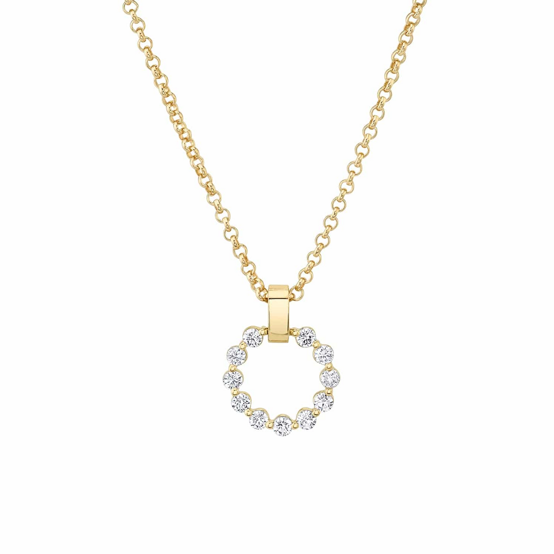 A front view of a yellow necklace with a diamond-set ring pendant against a white background. The ring features a shared prong motif and is suspended from a smooth gold bar bail.