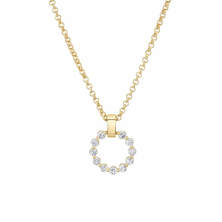 A front view of a yellow necklace with a diamond-set ring pendant against a white background. The ring features a shared prong motif and is suspended from a smooth gold bar bail.