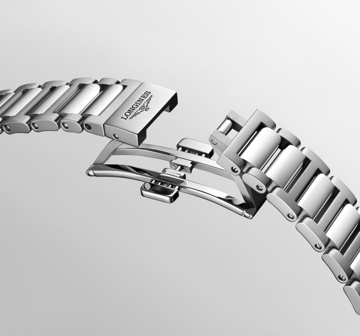 Close up view of LONGINES Conquest stainless-steel bracelet clasp.
