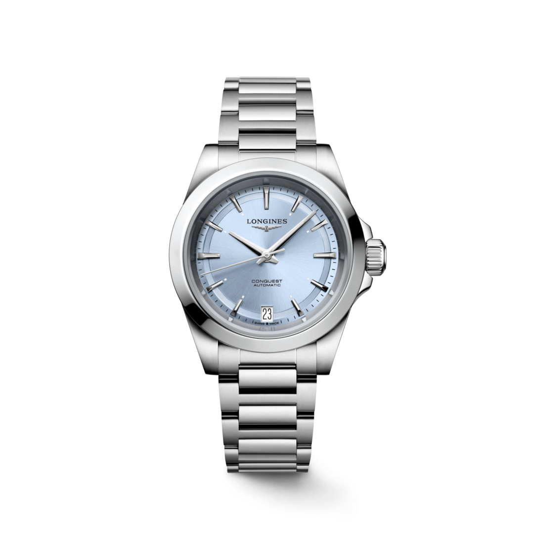 Close up view of LONGINES Conquest with stainless-steel bracelet, blue dial and a 34mm case.