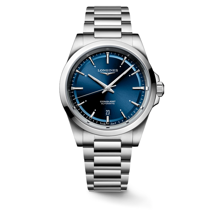 Close up view of LONGINES Conquest with stainless-steel bracelet, blue dial and a 41mm case.