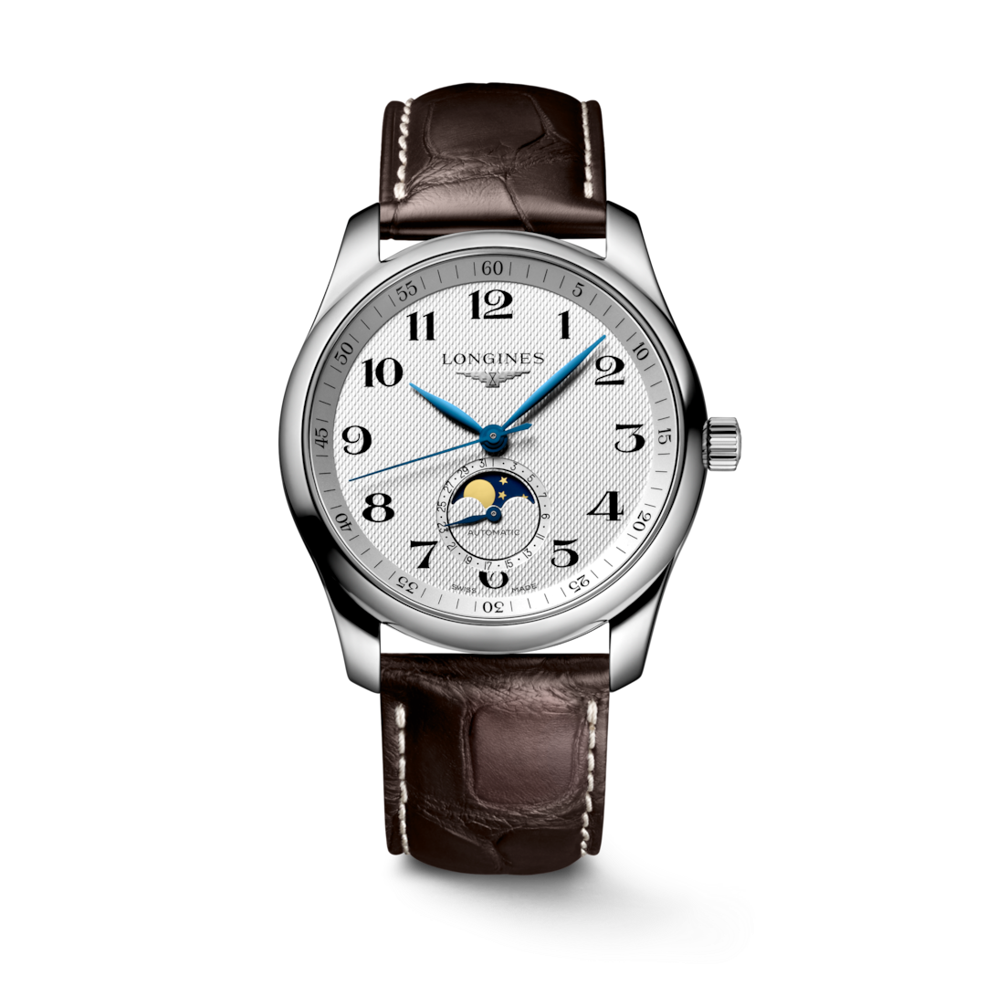 A Longines watch standing straight against a transparent background. The watch features a silver dial, black & blue hands and markers, a stainless steel bezel, a crown on the right side, and a brown leather strap.