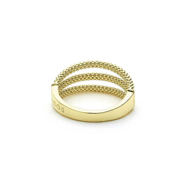 A back-view of An 18K Gold ring in the middle of a white background featuring three rows with caviar beading.