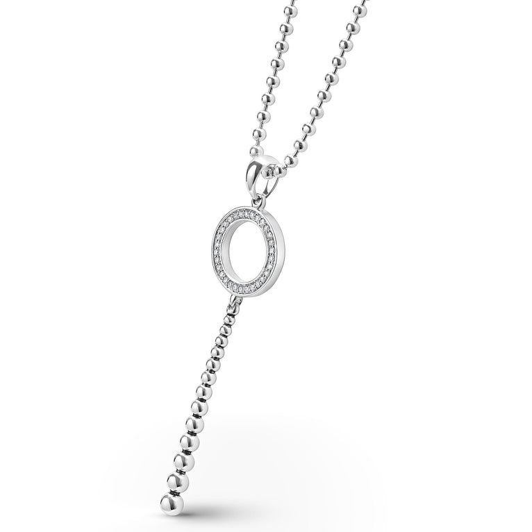 A sterling silver necklace angled to the right featuring a diamond circle pendant with a Caviar beading accent displayed on a white background.