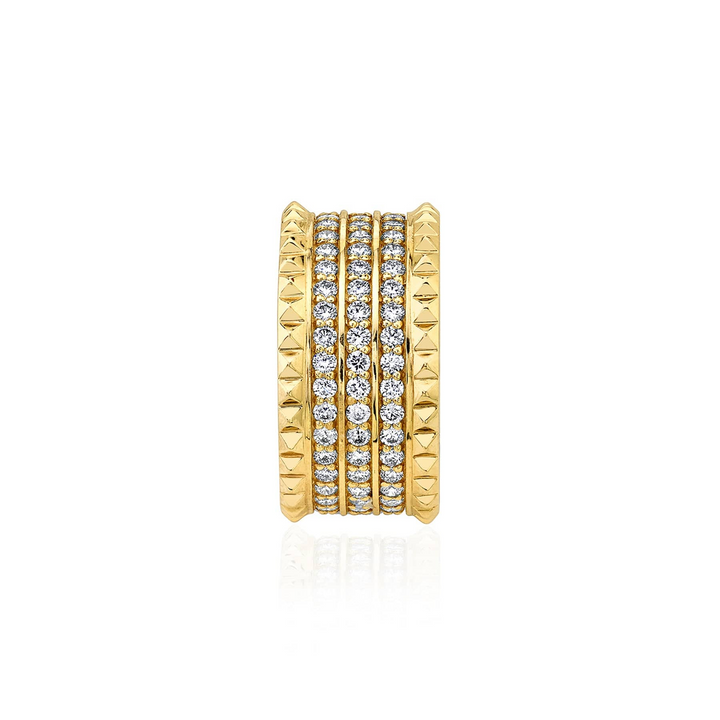 A side view of a yellow-gold ring. It features three rows of pave-set round diamonds between two bands of miniature pyramid studs.