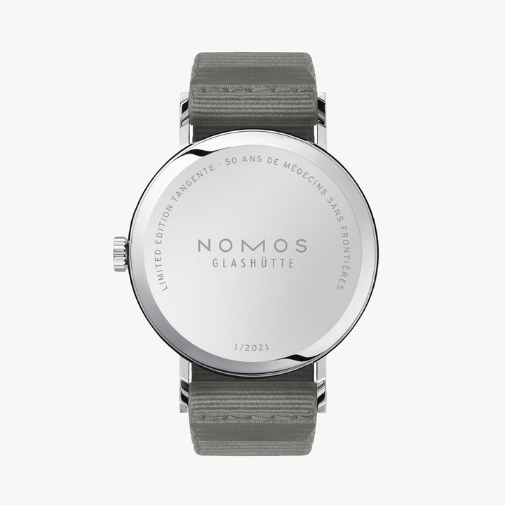 The back of a Nomos Glashutte watch showcases the back of the dial, stainless steel bezel, and strap.