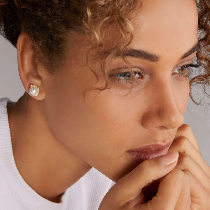 Two-Tone Pearl Diamond Stud Earrings