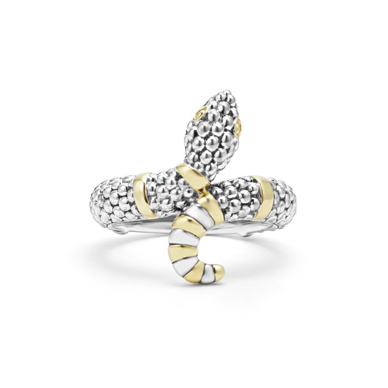 A back-view of a sterling silver ring is displayed on a black background featuring a snake motif with Sterling silver Caviar beading highlighted by 18K gold stations