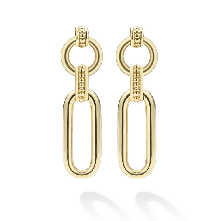 18K gold variations of Caviar beading & fluting elements link drop earrings. The right earring is angled.