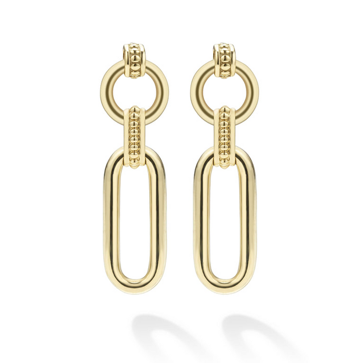 18K gold variations of Caviar beading & fluting elements link drop earrings. The right earring is angled.