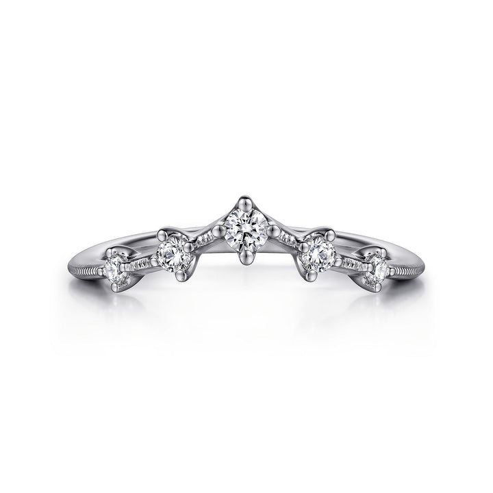 A white gold ring lies flat against a white background. The tiara-curved band features round diamonds with a shared prong. 