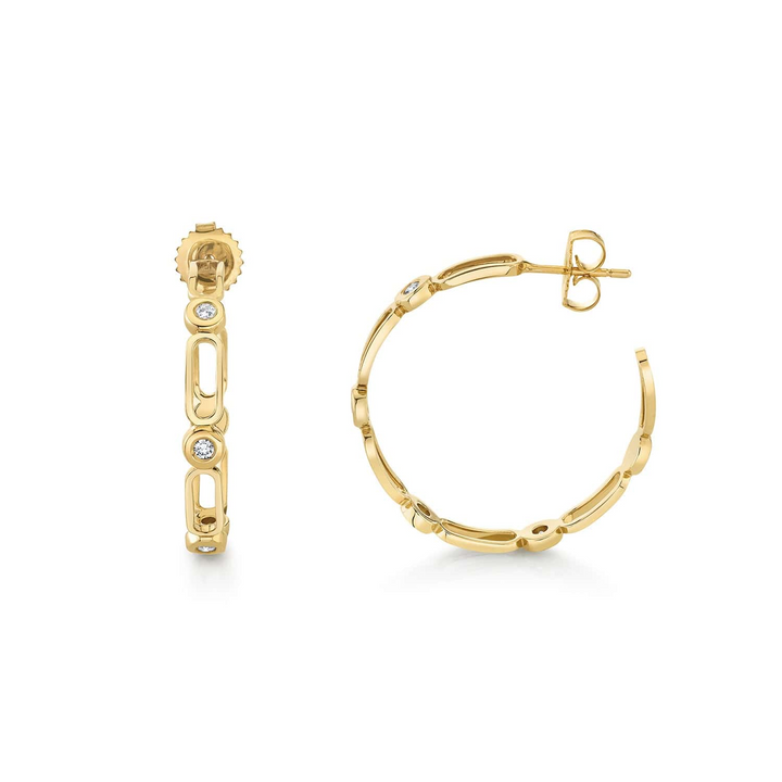 Two yellow-gold earrings against a white background. The hoop earrings feature an alternating link and diamond-set bezel pattern.