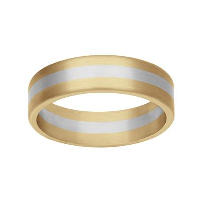 Yellow Gold & Platinum Men's Wedding Band is displayed on a white background. The ring features a middle Platinum stripe and two yellow-gold stripes at the top and bottom