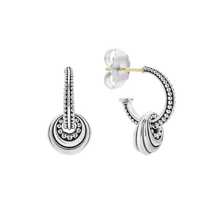 A pair of hoop earrings with a sterling silver fluted hanging charm and caviar beading. The right earring is angled to the side, showing the back.