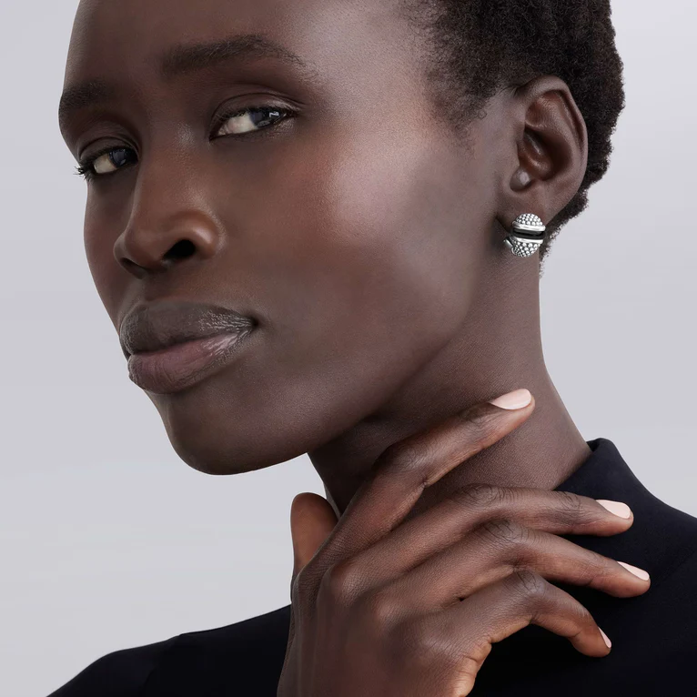 Black Ceramic Caviar Omega Clip Earrings