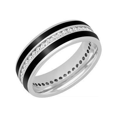 An angled view of a white gold wedding band against a white background. The ring features two sleek black ceramic stripes and a channel-set row of round-shaped diamonds in the middle.