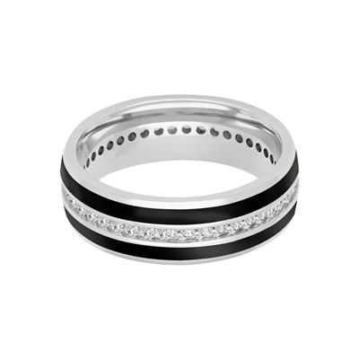 A tilted front view of a white gold wedding band against a white background. The ring features two sleek black ceramic stripes and a channel-set row of round-shaped diamonds in the middle.