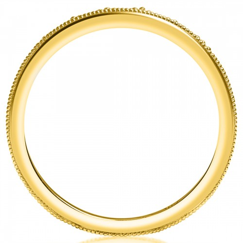 A top view of a yellow gold wedding band against a white background. The ring features round diamonds set above the band, set with shared prongs, and the middle of the band is decorated with a milgrain detail.