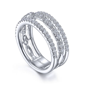 An angled view of a white gold diamond row against a white background. The ring features a three-row design with two outer bands featuring straight strands of glittering pavé diamonds, while the central row of diamonds is sculpted into a series of elegant marquise shapes.