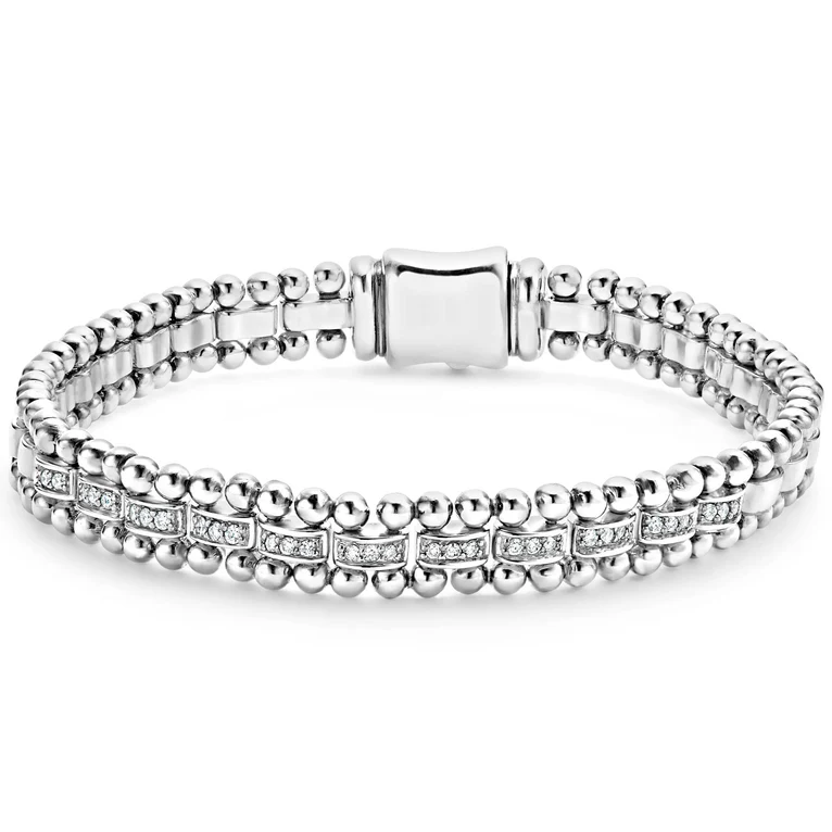 LAGOS sterling silver diamond link bracelet with diamond-set rectangular links framed by Caviar beading