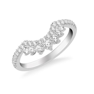 An angled view of a white gold wedding band against a white background. The ring features a half-eternity style, double-halo band with prong-set round-shaped diamonds.