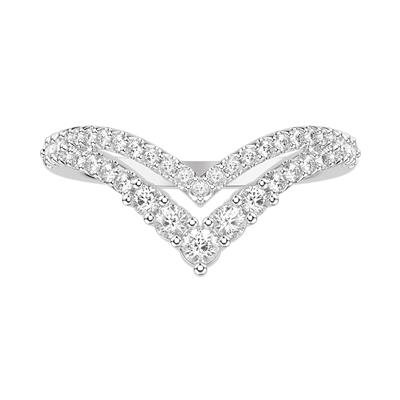 A white gold ring is in the middle of a white background. The ring features a tiara design with two rows of prong-set round diamonds. 