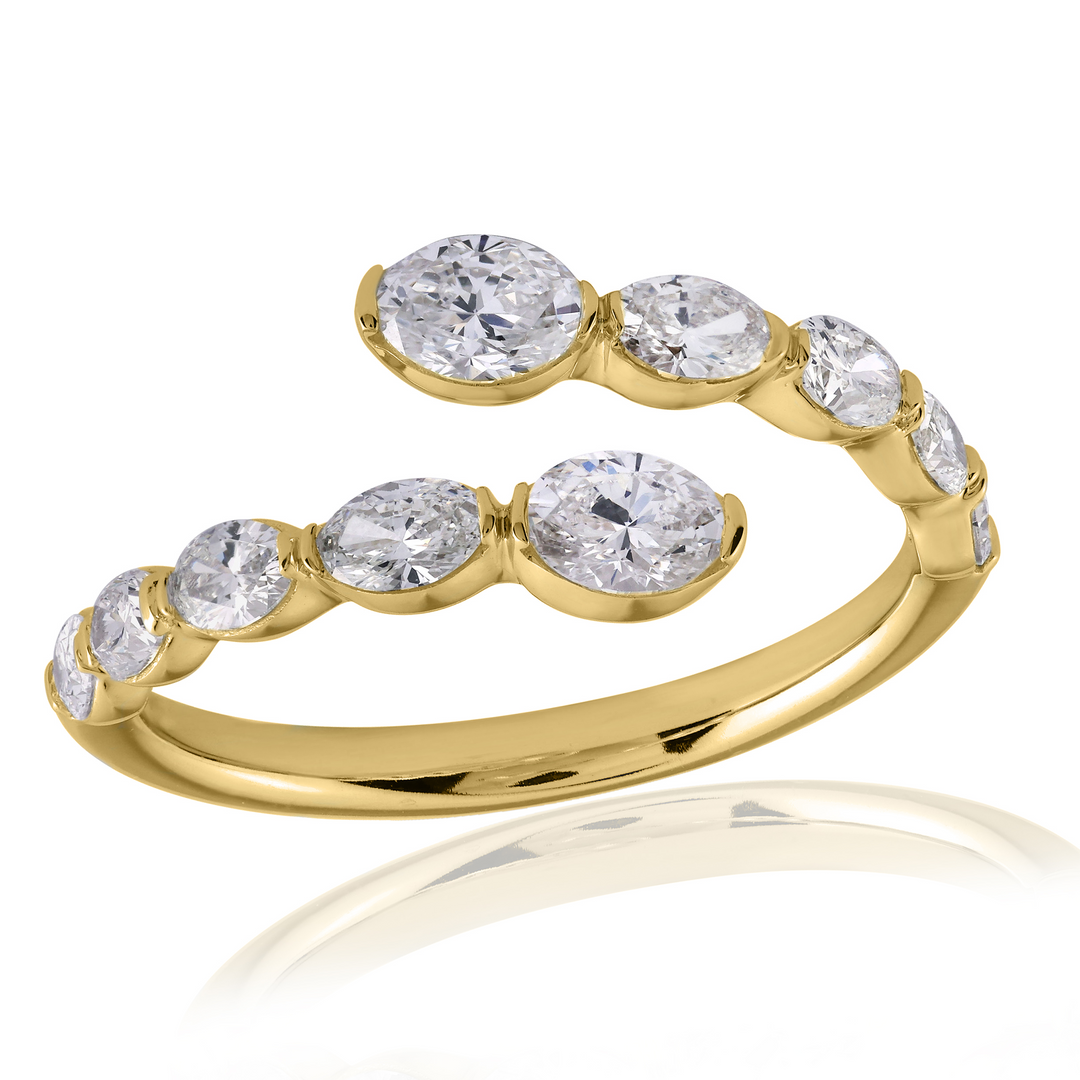 A front view of a yellow gold diamond ring against a white background. The ring features oval-shaped diamonds set in lustrous yellow gold and a two-row wrap design.