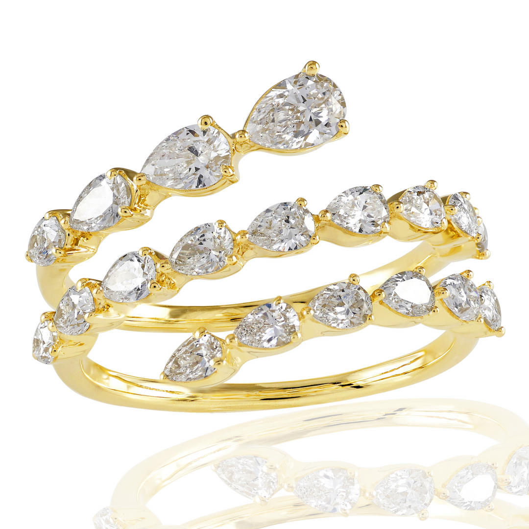 A front view of a yellow gold diamond ring against a white background. The ring features pear-shaped diamonds set in lustrous yellow gold and a three-row wrap design.