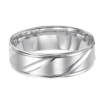 White Gold Men's Wedding Band Laying Flat displayed on a white background. The ring features an angular carvings design.