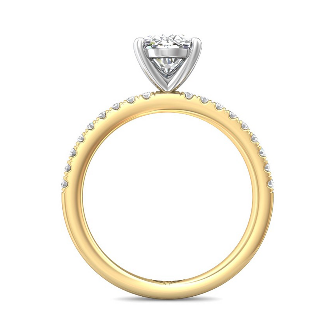 A side-view of the Half Eternity Engagement Ring, made of yellow gold. The side view shows the diamond's pavilion and the whole yellow gold band. Showing the "Martin Flyer" inscription is visible inside the band at the bottom.