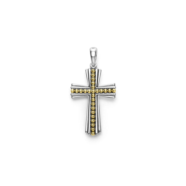 A two-tone caviar beaded cross amulet is displayed in the middle of a white background