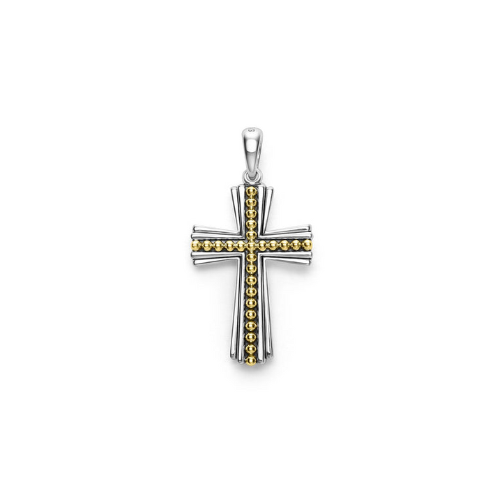 A two-tone caviar beaded cross amulet is displayed in the middle of a white background