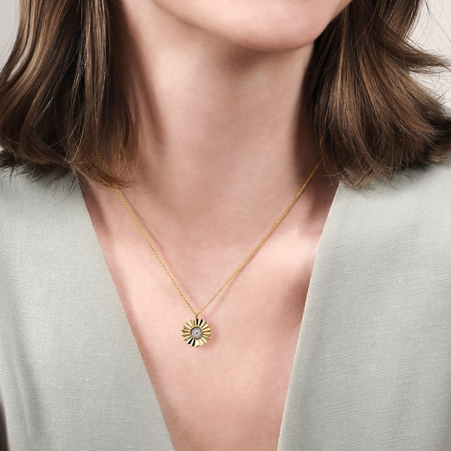 14K Yellow & White Gold Diamond Sunburst Pendant Necklace