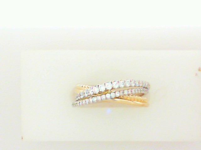 A 14k yellow gold ring resting in the middle of a white background. The ring features a x motif with two rows of diamond set bands.