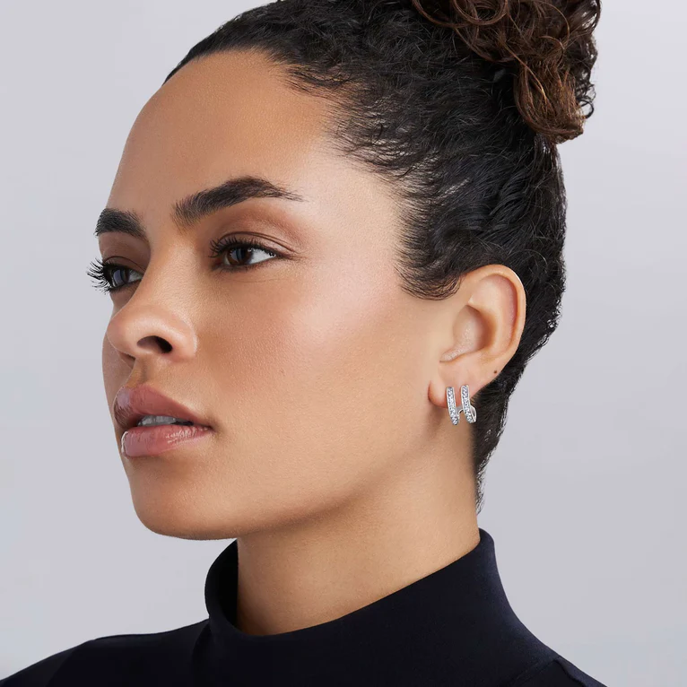 Silver Linear Diamond Double Row Hoop Earrings