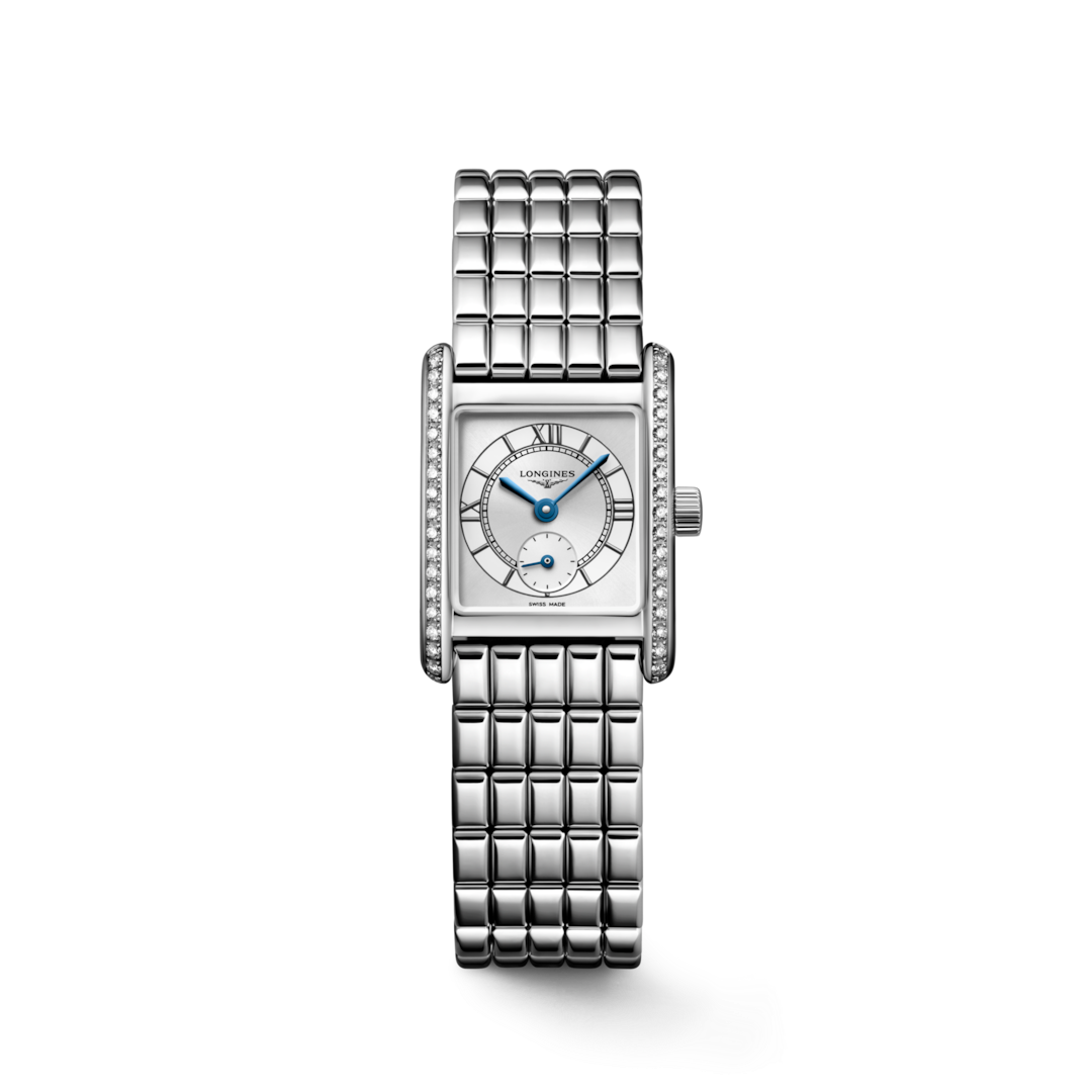 A Longines watch is displayed in the middle on a transparent background. The rectangular-shaped watch features a white dial, blue hands, black markers, a stainless steel diamond-set bezel, and a stainless steel bracelet.