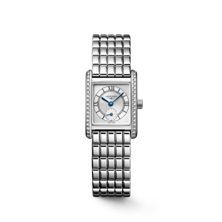 A Longines watch is displayed in the middle on a transparent background. The rectangular-shaped watch features a white dial, blue hands, black markers, a stainless steel diamond-set bezel, and a stainless steel bracelet.