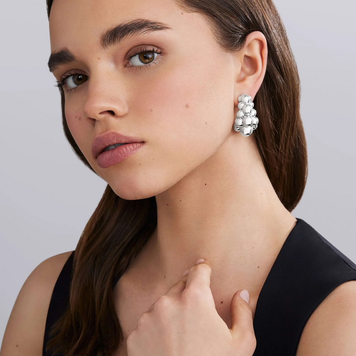 Silver Three Row Beaded Hoop Earrings
