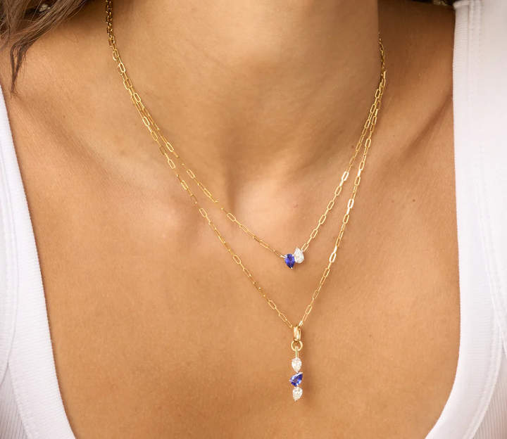 Pear Shape Diamond & Sapphire Triple Drop Necklace