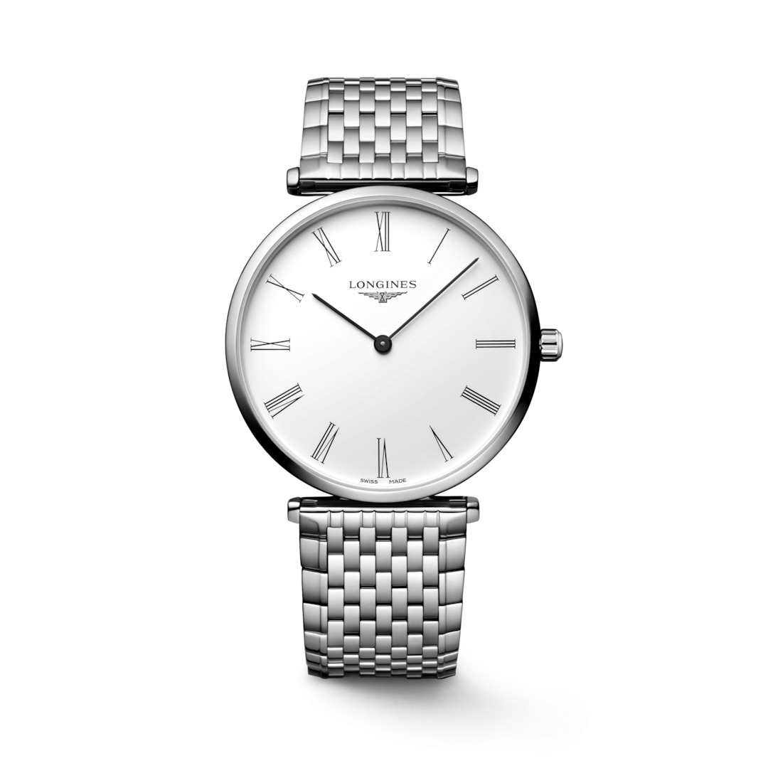 A Longines watch is displayed in the middle on a transparent background. The watch features a white dial, black hands and markers, a stainless steel bezel, and a stainless steel bracelet.