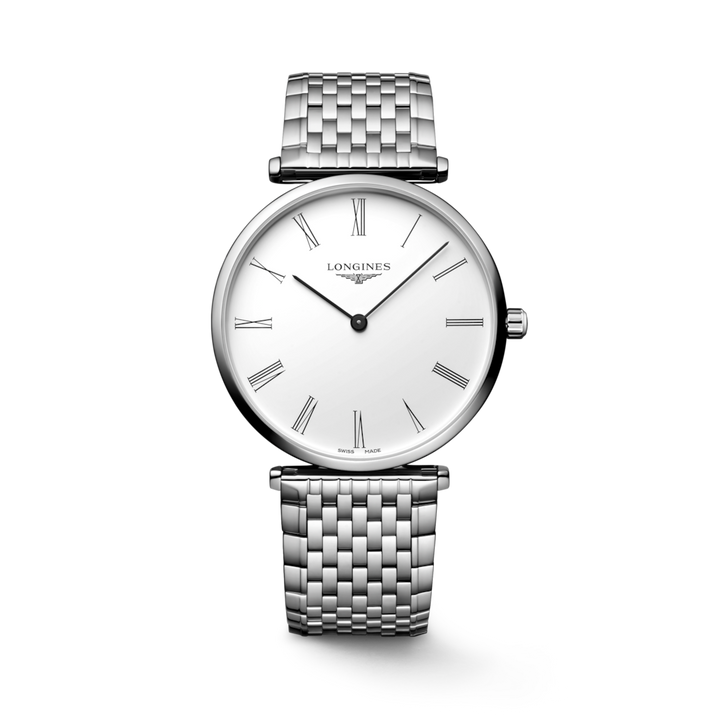 A Longines watch is displayed in the middle on a transparent background. The watch features a white dial, black hands and markers, a stainless steel bezel, and a stainless steel bracelet.